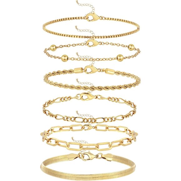 Trendy 6pcs Gold Bracelets Set for Women, 14K Gold Plated, Adjustable, Waterproo - Picture 2 of 8